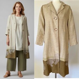 J Jill Embroidered Linen Duster Jacket Coat Lagenlook Size Medium Tall